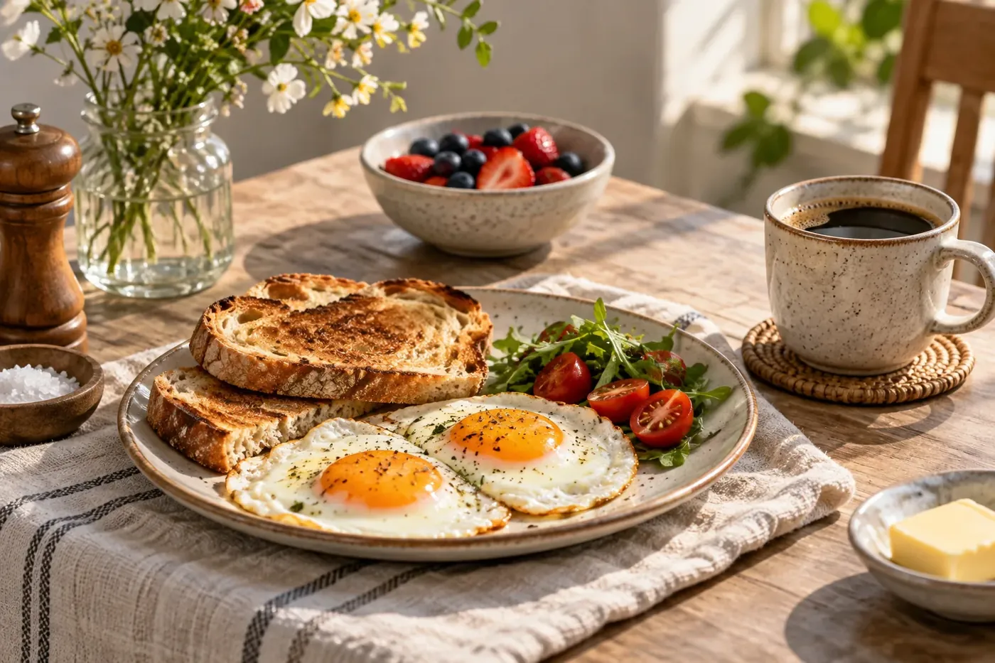 Golden pancakes and fried eggs on a breakfast plate