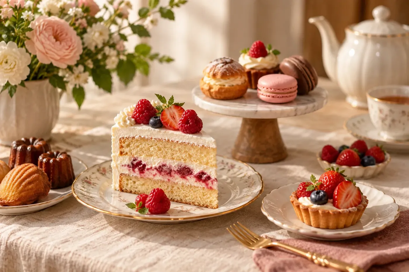 A slice of layered cake with fresh berries
