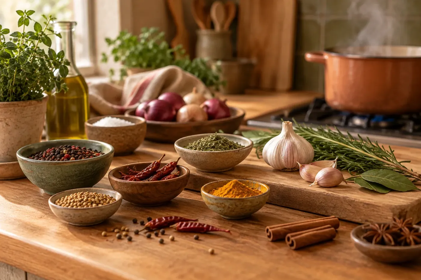 Shelves of spice jars and dried herbs in a kitchen pantry