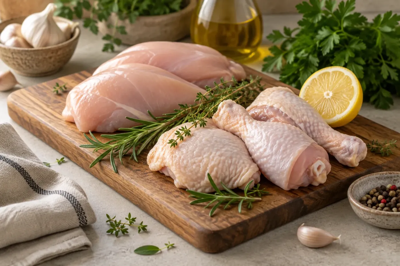 Golden roasted chicken pieces on a board