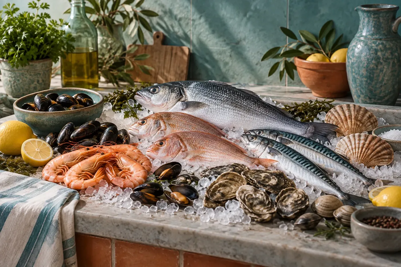Shrimp and fish fillets set on ice