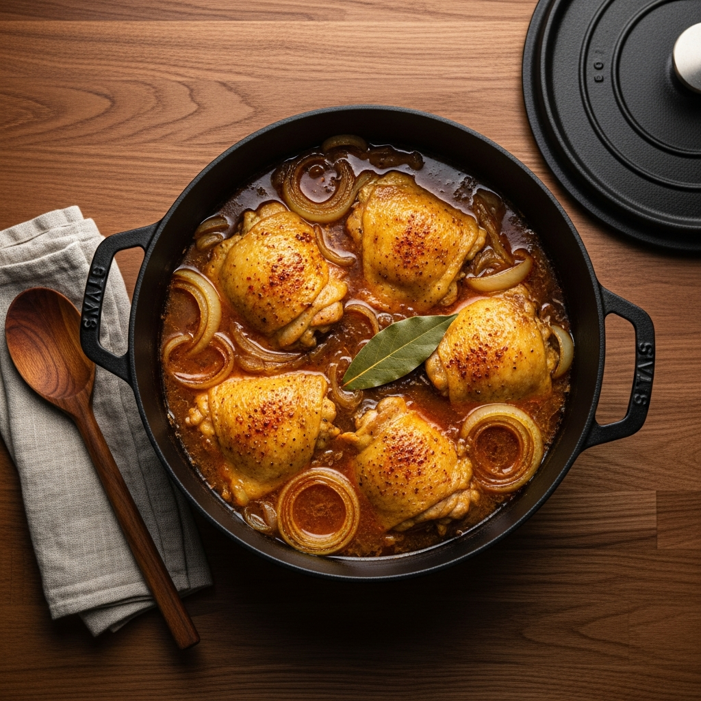 A simmering one-pot dinner on a warm kitchen counter